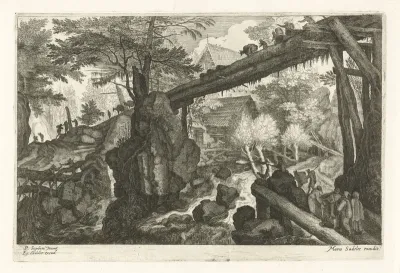 Houten brug boven een waterval