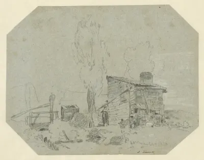Houten keet in een landschap met twee bomen en een bruggetje