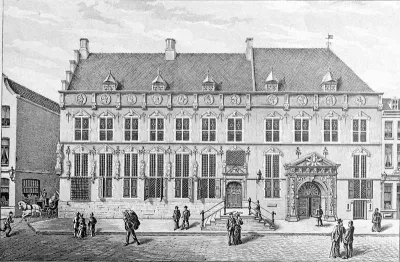 Houtsnede met afbeelding van het stadhuis na de restauratie van Pierre Cuypers Sr. in 1880-1882