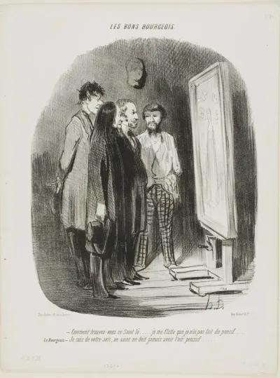 “- How do you find this saint there.... I tried to not make him look too conventional.... The bourgeois: - I quite agree, a Saint never should look short winded,” plate 80 from Les Bons Bourgeois