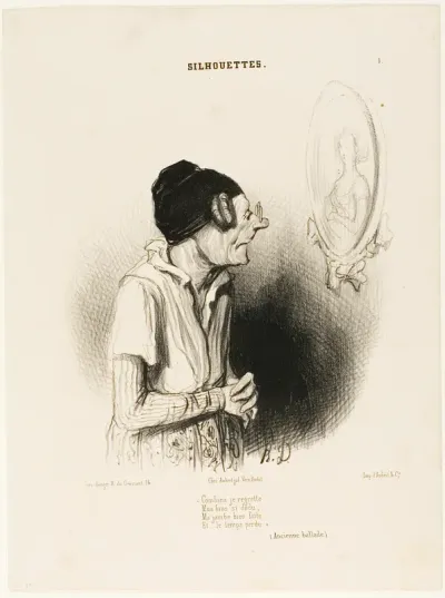 “How much I regret. My arms once so strong, my legs never fat and nothing went wrong” (an ancient song), plate 1 from Silhouettes