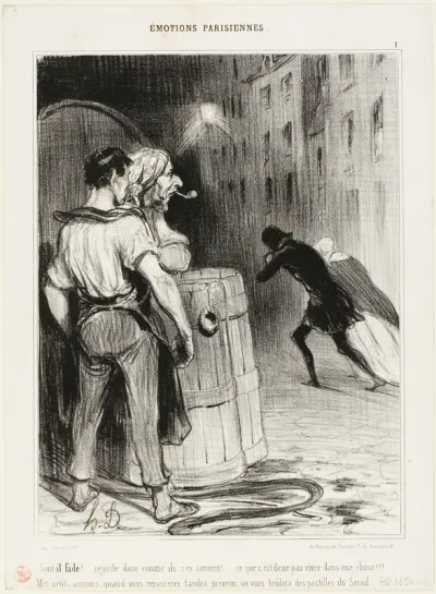 “How silly ! Just look how they run. That's what you get when you are at the wrong place. Just you wait! Next time, tell us in advance and we'll take good care of you...,” plate 1 from Émotions Parisiennes