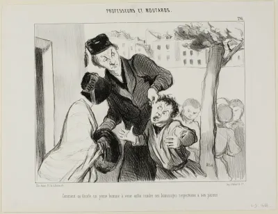 How to Convince a Young Man to Finally Learn to Pay his Respects to his Parents, plate 26 from Professeurs et Moutards (Professors and Rascals)