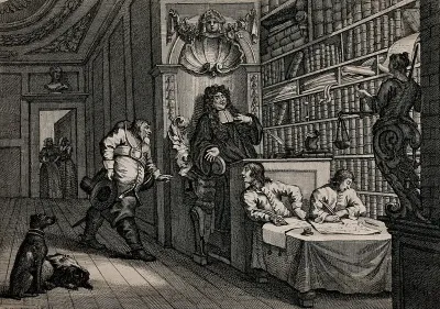 Hudibras addresses a lawyer who sits in an elaborately decorated pew next to a shelf full of books; two clerks sit beneath