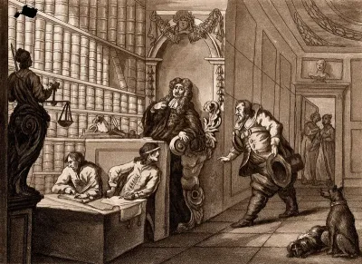 Hudibras addresses a lawyer who sits in an elaborately decorated pew next to shelf of books; two clerks sit beneath