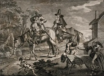 Hudibras and his squire Ralpho depart on a pair of horses with two rustic peasants watching; one carries a rake and accidentally disturbs a table spilling the contents of two baskets