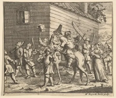 Hudibras and Ralpho Made Prisoners and Carried to the Stocks (Seventeen Small Illustrations for Samuel Butler's Hudibras, no. 6)