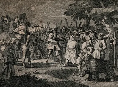 Hudibras confronts with a pistol a club-wielding crowd, including Crowdero the fiddler with a peg leg, Talgot the butcher, and Orsin with his bear