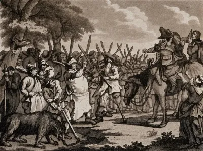 Hudibras confronts, with a pistol, a club-wielding crowd, including Crowdero the fiddler with a wooden leg, Taglot the butcher, and Orsin with his bear