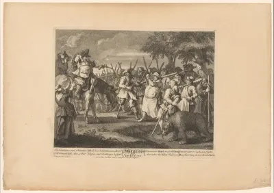 Hudibras richt zijn pistool op een groep mannen met knuppels