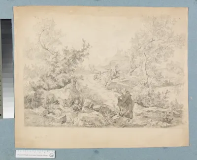 Hügelige Landschaft mit Mönchen und Schafshirten