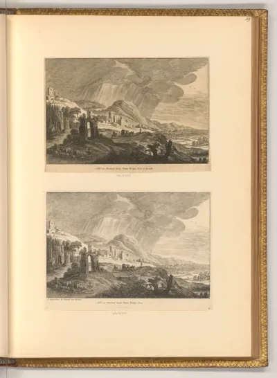 Hügelige Landschaft mit Ruine bei Regen