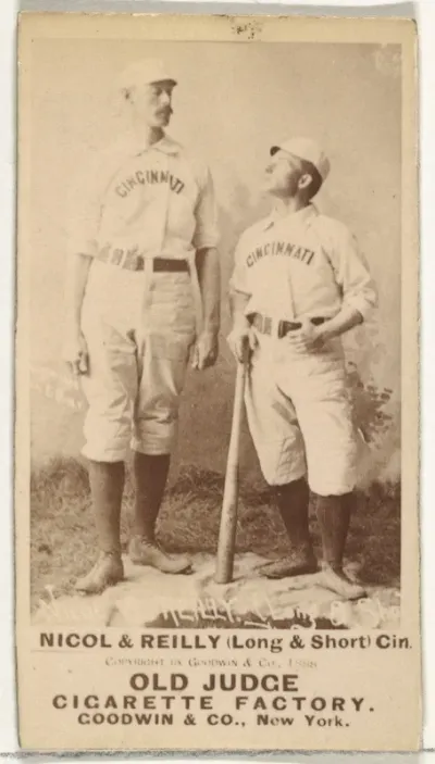 Hugh N. "Little Nick" Nicol and John Good "Long John" Reilly, "Long & Short", Cincinnati, from the Old Judge series (N172) for Old Judge Cigarettes