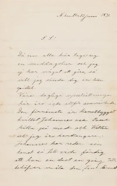 Hugo Simberg’s letter to Blenda Simberg 13.6.1891