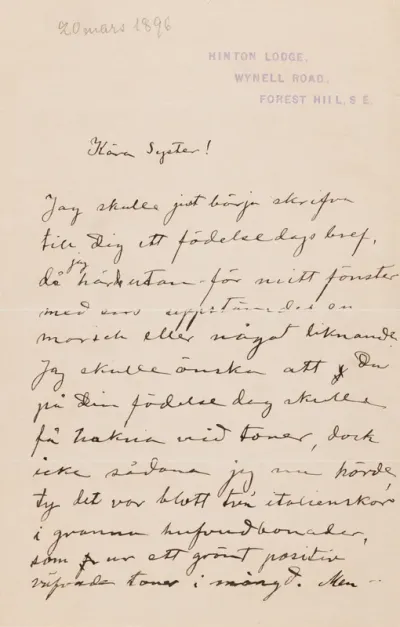 Hugo Simberg’s letter to Blenda Simberg 20.3.1896