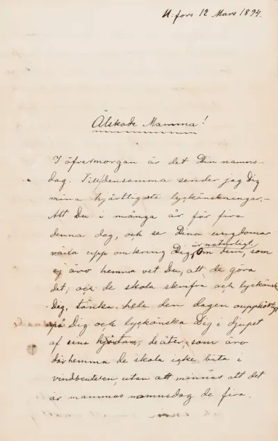 Hugo Simberg’s letter to Ebba Mathilda Simberg 12.3.1894