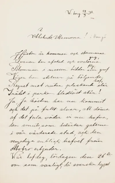 Hugo Simberg’s letter to Ebba Mathilda Simberg 28.9.1891