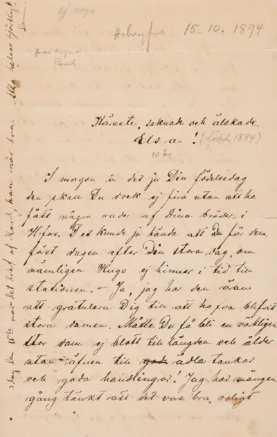 Hugo Simberg’s letter to Elsa Simberg 15.10.1894