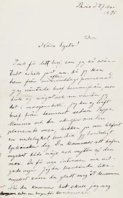Hugo Simberg’s letter to Elsa Simberg 27.5.1896