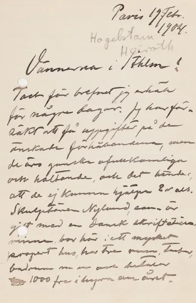 Hugo Simberg’s letter to Mascha Hagelstam 19.2.1904