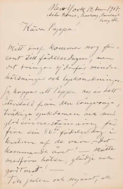 Hugo Simberg’s letter to Niclas Edaurd Simberg 12.12.1907
