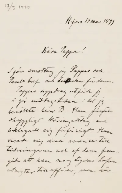Hugo Simberg’s letter to Niclas Eduard Simberg 17.3.1899