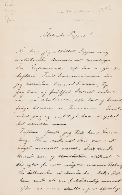 Hugo Simberg’s letter to Niclas Eduard Simberg early 1892