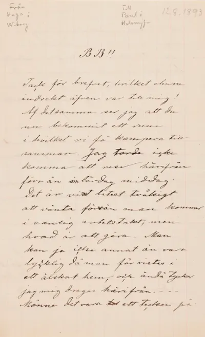 Hugo Simberg’s letter to Paul Simberg 12.8.1893