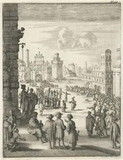 Huiden van gevilde inwoners van Tlemcen worden op staken getoond op een plein in Algiers, 1627