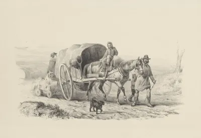 Huifkar met familie onderweg