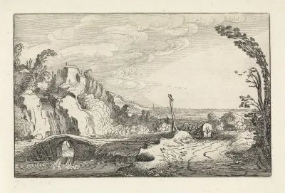Huifkar op een pad in een bergachtig rivierlandschap