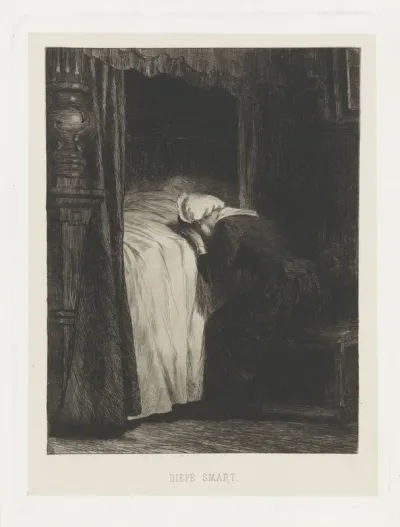 Huilende vrouw bij een bed