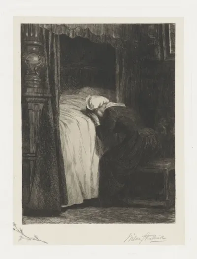 Huilende vrouw bij een bed