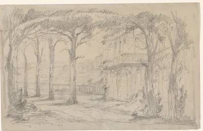 Huis achter een laan met bomen