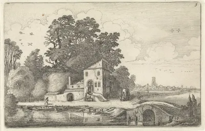 Huis bij een stenen brug in een rivierlandschap