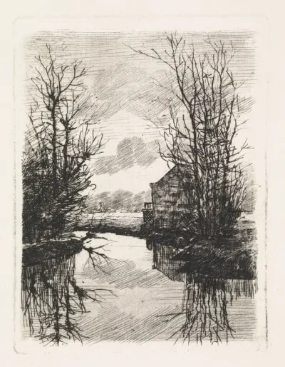 Huis en bomen langs het water