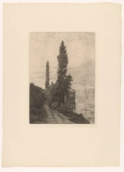 Huis langs een rivier en een zandpad