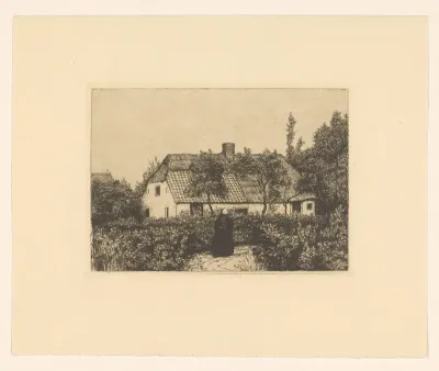 Huis met bomen en figuur