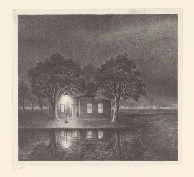Huis met lantaarn aan het water