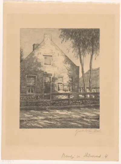 Huis met schuur en twee bomen