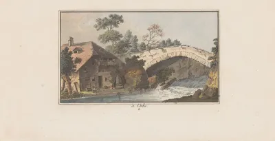 Huis naast een brug over een rivier te Orbe