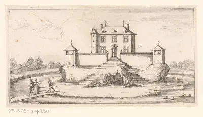 Huis omringd door gracht en muren met wachttorens