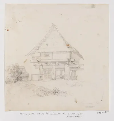 Huis op palen uit de Minahasalanden en sarcofaag, Noord-Celebes