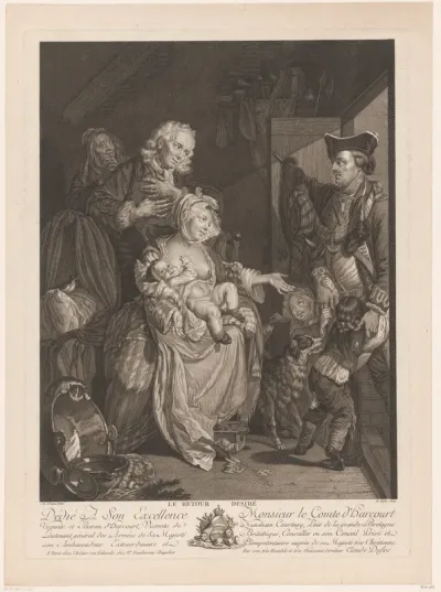 Huiselijk tafereel met thuiskomst van een vader