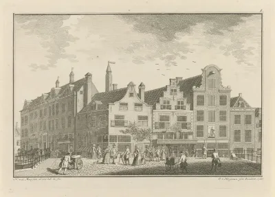 Huizen aan de Visbrug te Leiden, vóór de brand van 1766