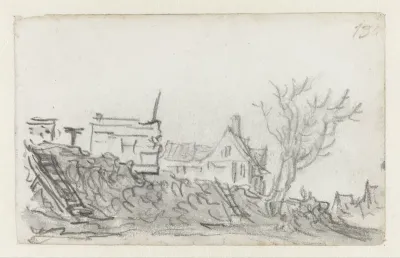 Huizen aan een dijk bij Houtwael