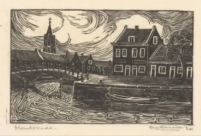 Huizen aan een kade met brug