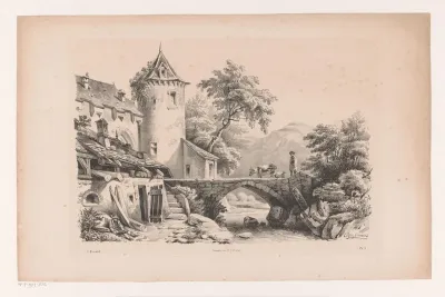 Huizen en brug in berglandschap
