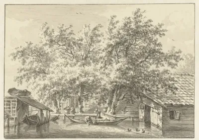 Huizen en schuur aan water