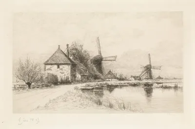 Huizen en twee molens langs een rivier
